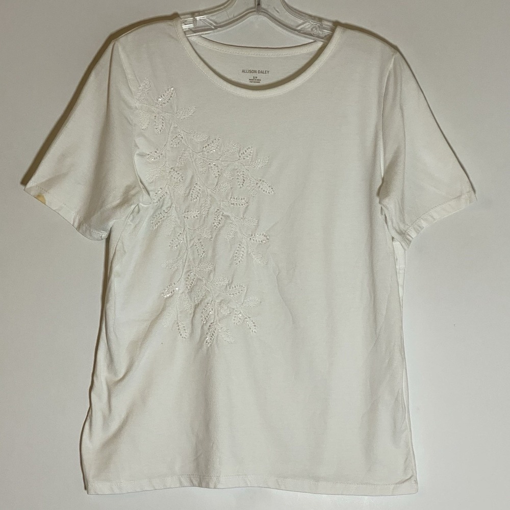 Allison Daley Top Womens Small White Short Sleeve Floral Embroidered Beaded Nice